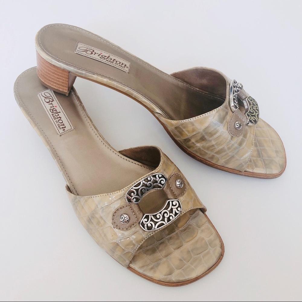 Brighton Olive Grey Crocodile Leather Slides, 9.5